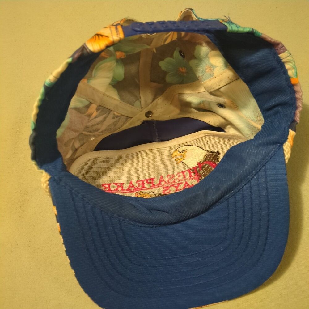 Vintage 90s Chesapeake Clays Floral Hawaiian Rope Hat Eagle Clay Target Blue - Picture 5 of 5
